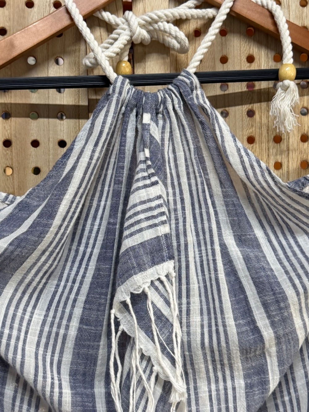NWT Aerie Blue White Striped Halter Swim Cover Up Dress Fringe L/XL